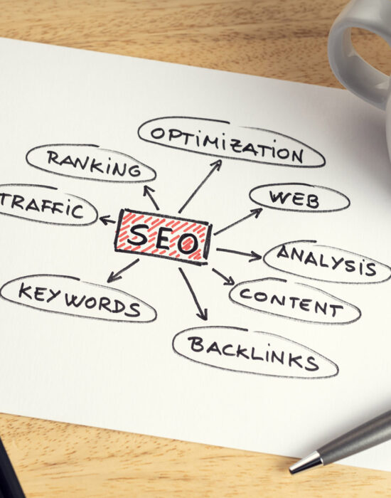 seo or search engine optimization concept. paper with seo ideas or plan, cup of coffee and smartphone on wooden table desk seo or search engine optimization concept. paper with seo ideas or plan, cup of coffee and smartphone on wooden table desk